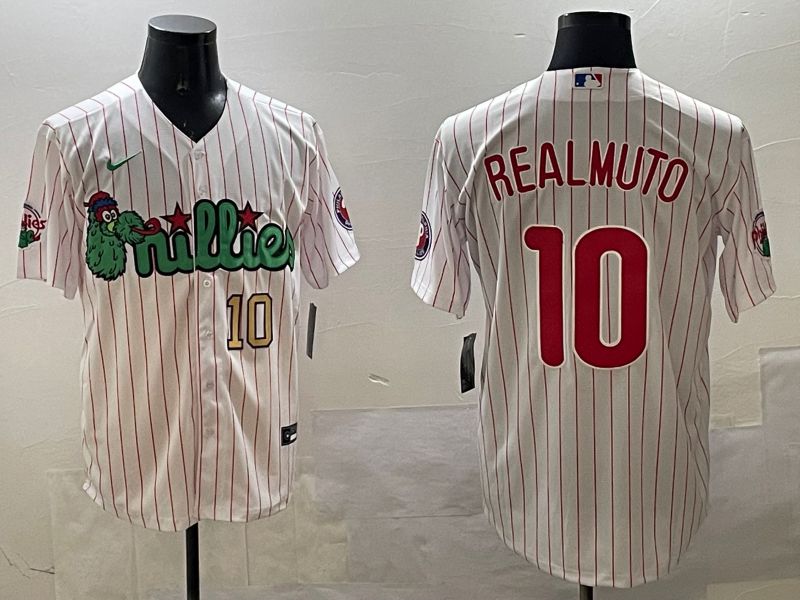 Men Philadelphia Phillies #10 Realmuto White Stripe Three generations Joint Name Game 2025 Nike MLB Jersey style 3